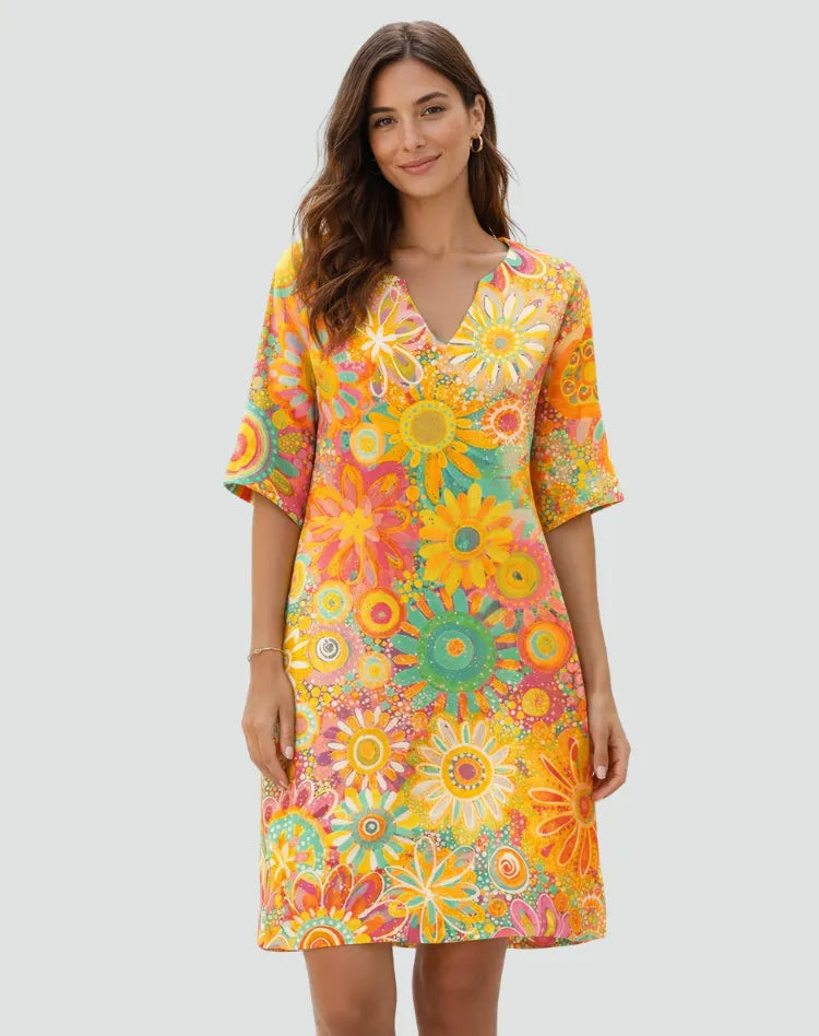 Retro Tunic Dress with Floral Print and V-Neck for Women