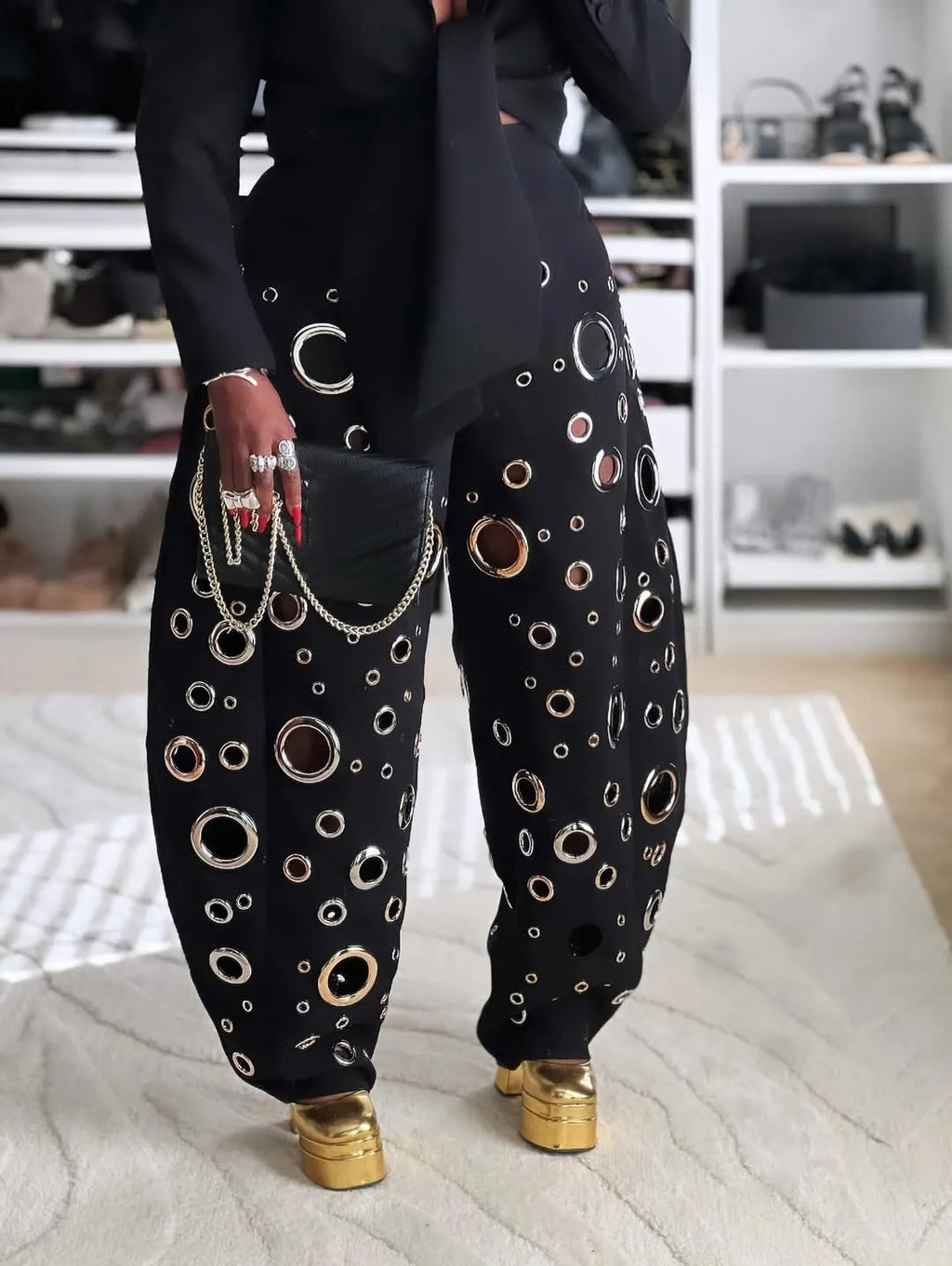 Women's Multi-hole Eyelet Fashion Curved Trousers