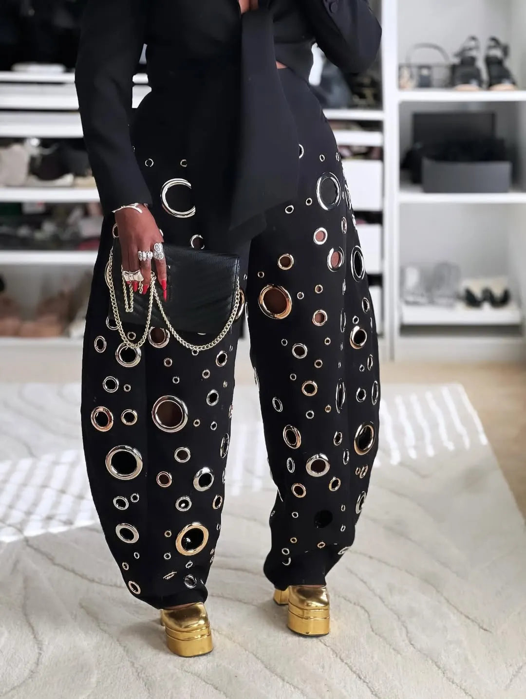 Women's Multi-hole Eyelet Fashion Curved Trousers
