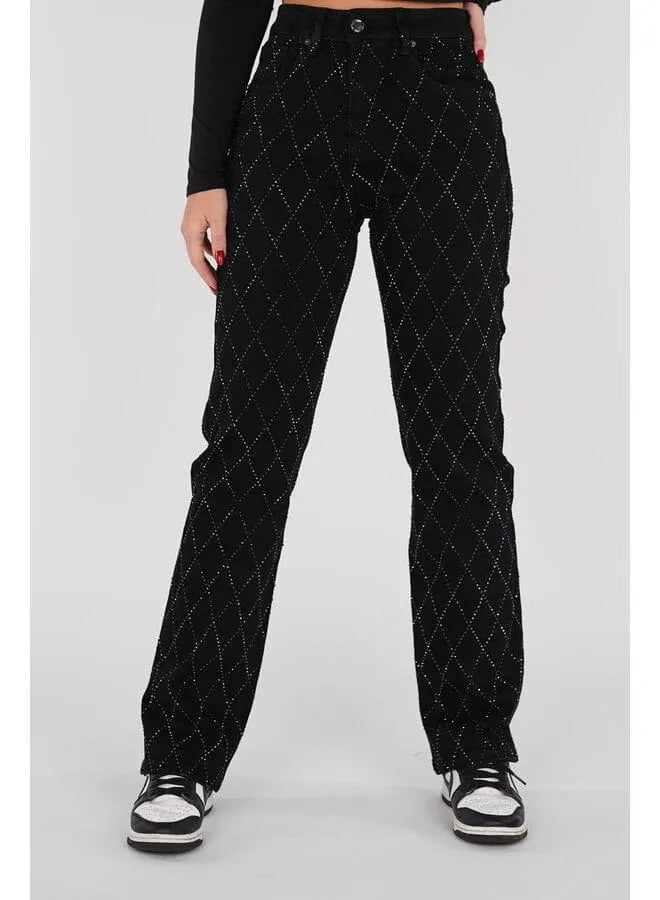 Women's High Waist Straight Leg Jeans with Rhinestone Plaid Pattern