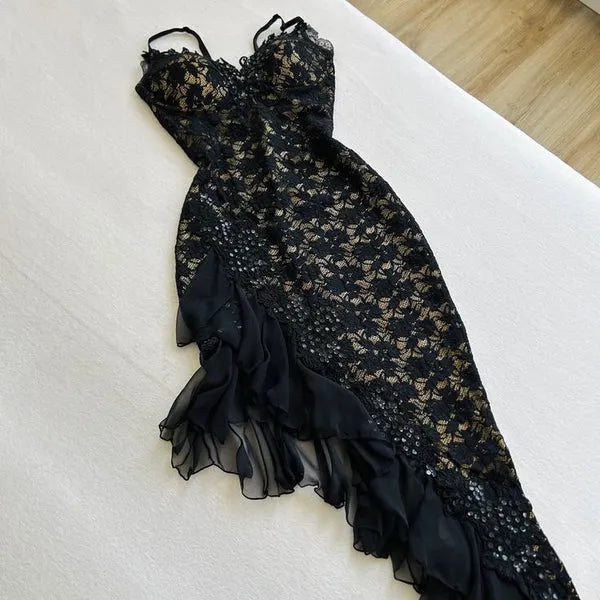 Black Fashion Exquisite Lace Long Ruffled Ball Gown Evening Dress Party Dress