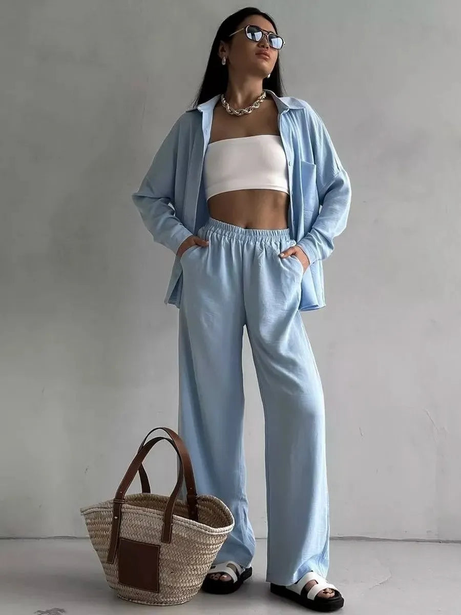 Solid Color Cardigan With Pockets, Casual Wide-leg Trousers 2-piece Sets