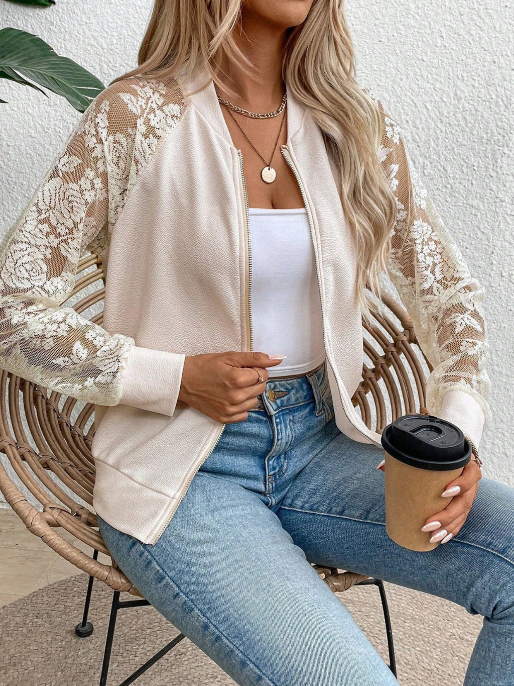 Jacket Baseball Collar Lace Detail Zip Up Casual Trendy