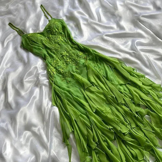 Green flowers exquisite beaded short/mid-length chiffon ruffle homecoming dress birthday party dress