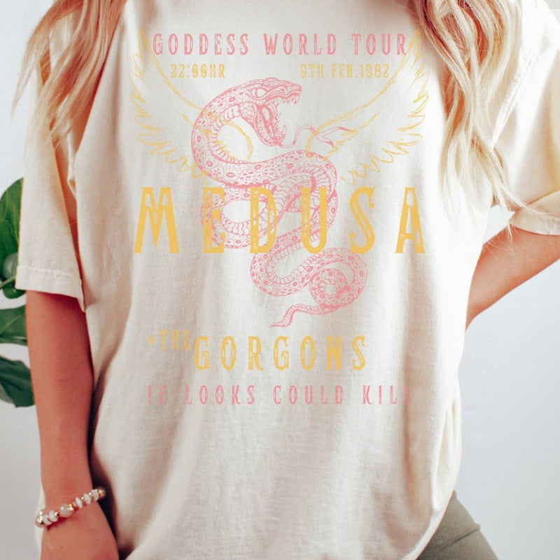 Women Casual Loose Letter Wings Snake Print Round Neck Short Sleeve T-Shirt