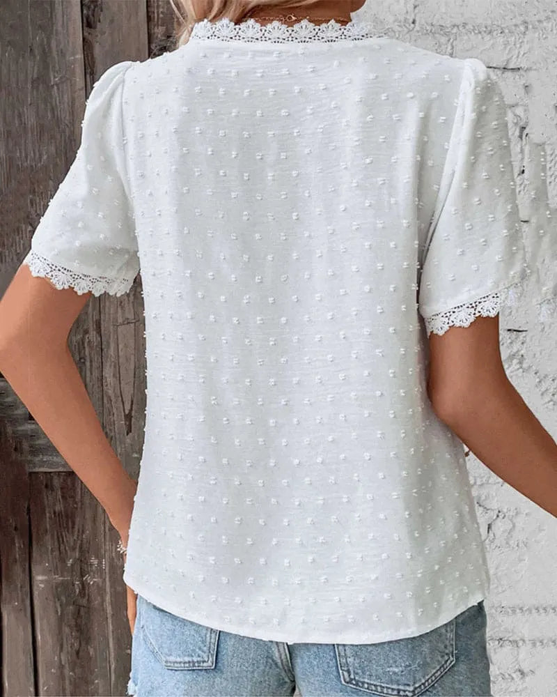 White Lace Top with V Neck and Subtle Dots for Women