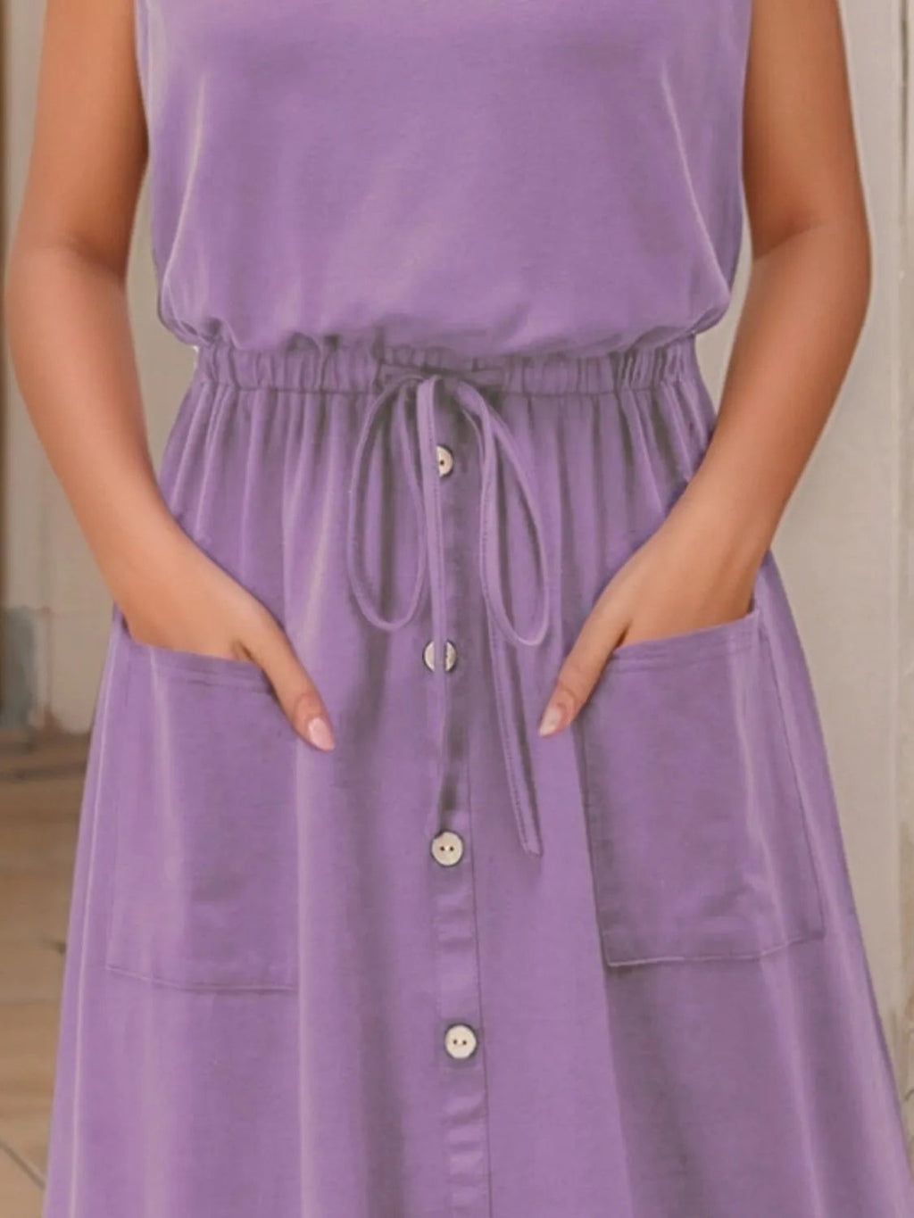 Tank Dress Midi Casual Drawstring Slightly Stretchy