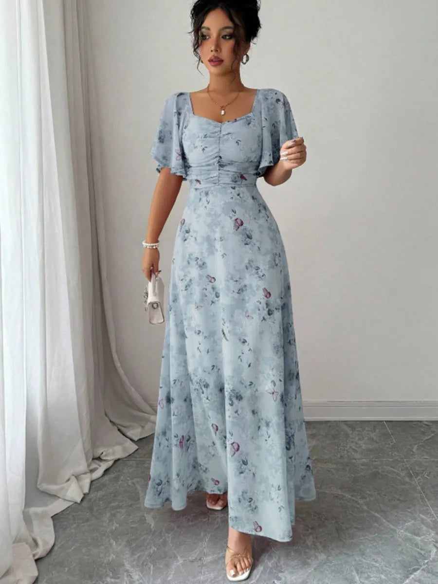 Floral Lotus Leaf Sleeves Sweetheart Collar Vacation And Leisure Maxi Dresses