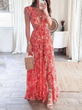Printed Ruffle V-neck, Waist-revealing, Backless Slit Maxi Dresses