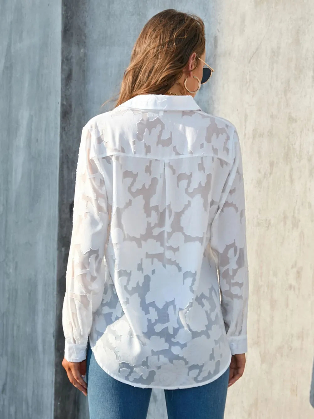 Button-Up Shirt Basic Floral Casual Collared Semi-Sheer