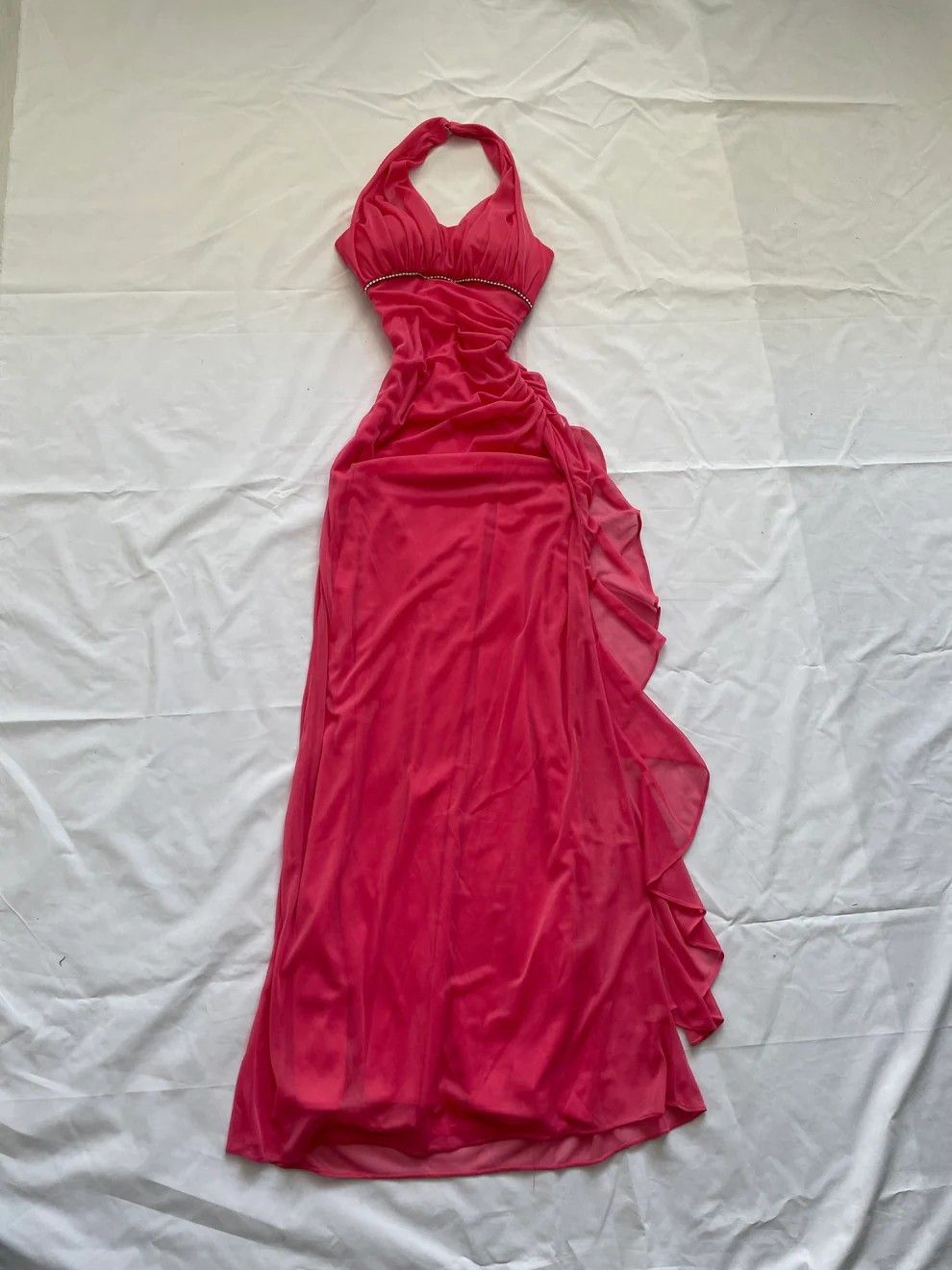 Vintage Rose Red Halter Neck Mesh Glitter Gown, D Floral Embellished Waist-Cinching Ruffled Evening Dress