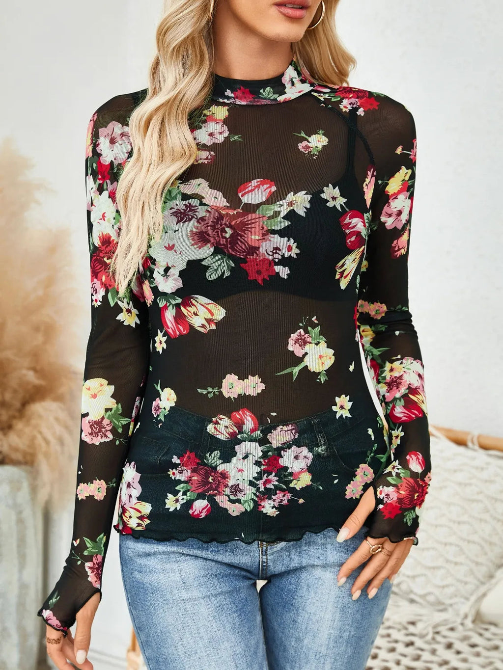 Blouse Top Floral Mesh Bodycon Sheer Elegant Party