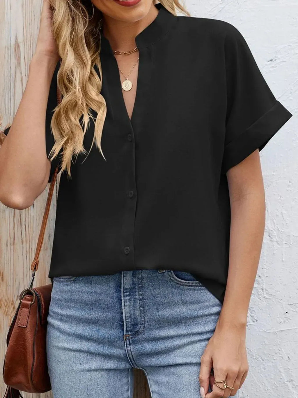 Blouse Top Button-Front Casual Workwear Everyday Cozy