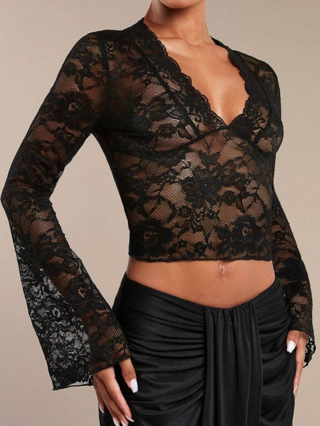 Sheer Lace Blouse Flare Sleeves Slightly Stretchy