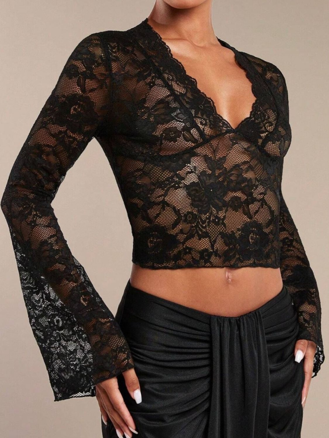 Sheer Lace Blouse Flare Sleeves Slightly Stretchy