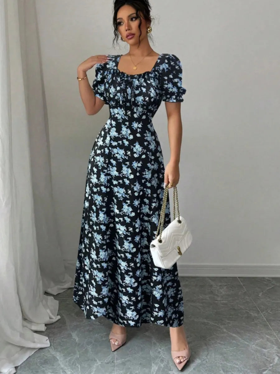 Floral Short Sleeve Square Collar Ruffle Vacation And Leisure Maxi Dresses