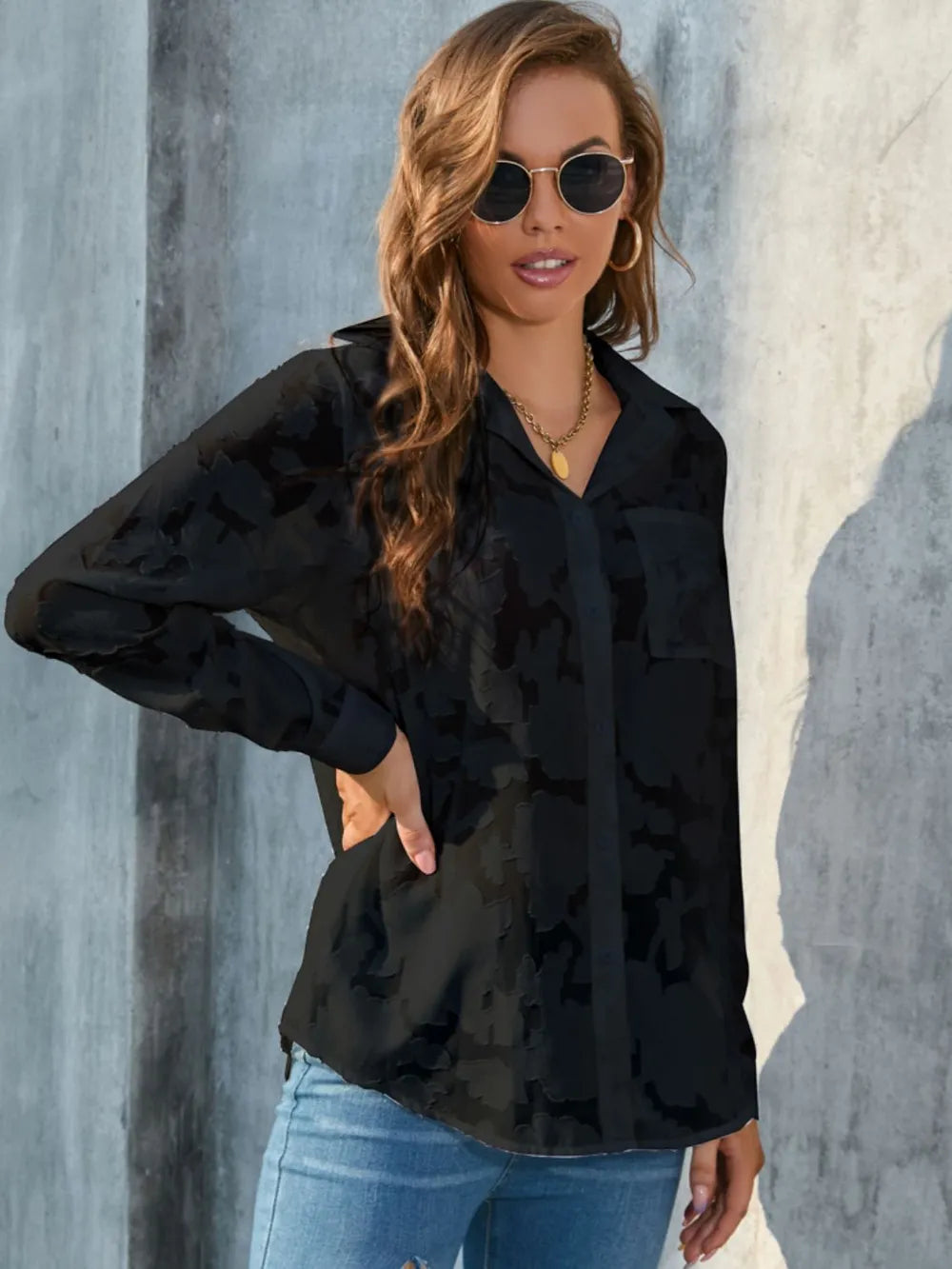 Button-Up Shirt Basic Floral Casual Collared Semi-Sheer
