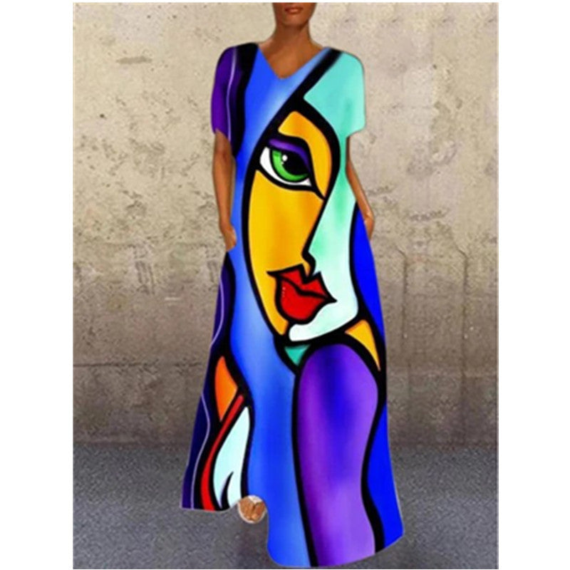 Women Casual Summer Vintage Short Sleeve Loose Character Print V Neck Dress