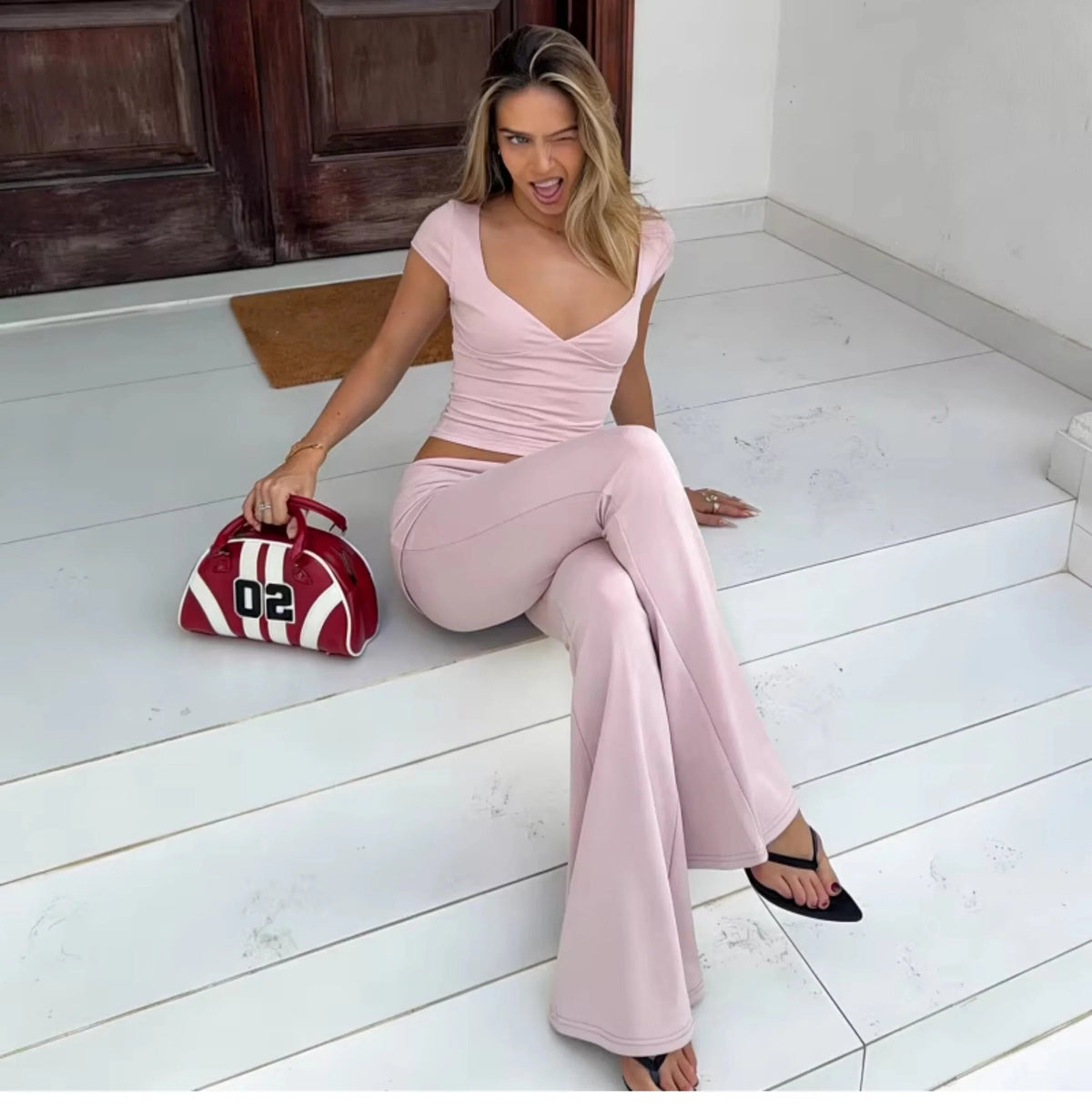 V-Neck Top & Flared Pants Set