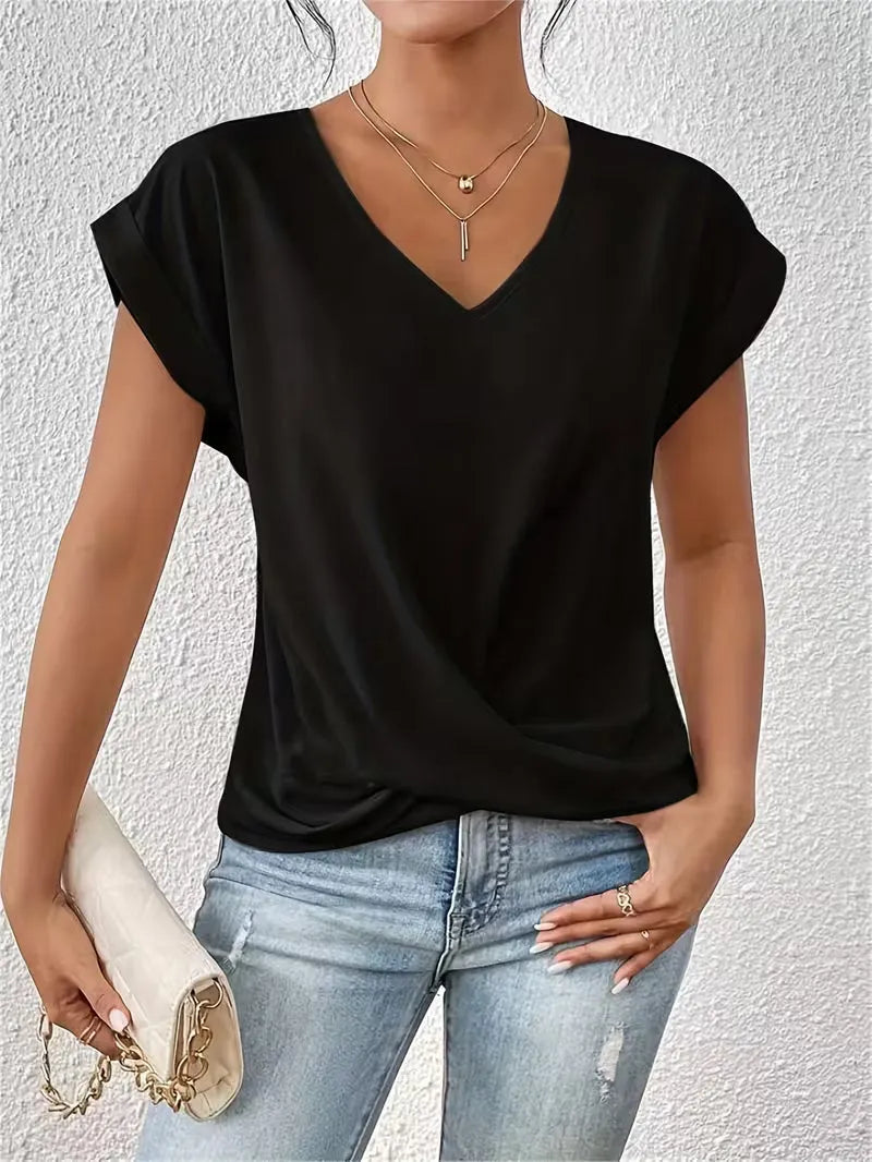 Breathable Elegant Women's Top with V-Neck and Twisted Detail