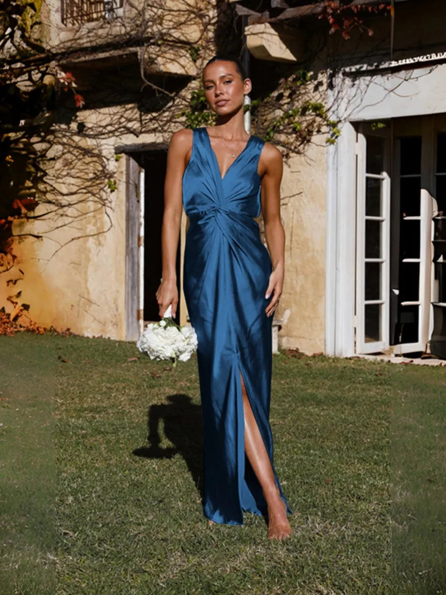 Satin Deep V Sleeveless Backless Long Dress