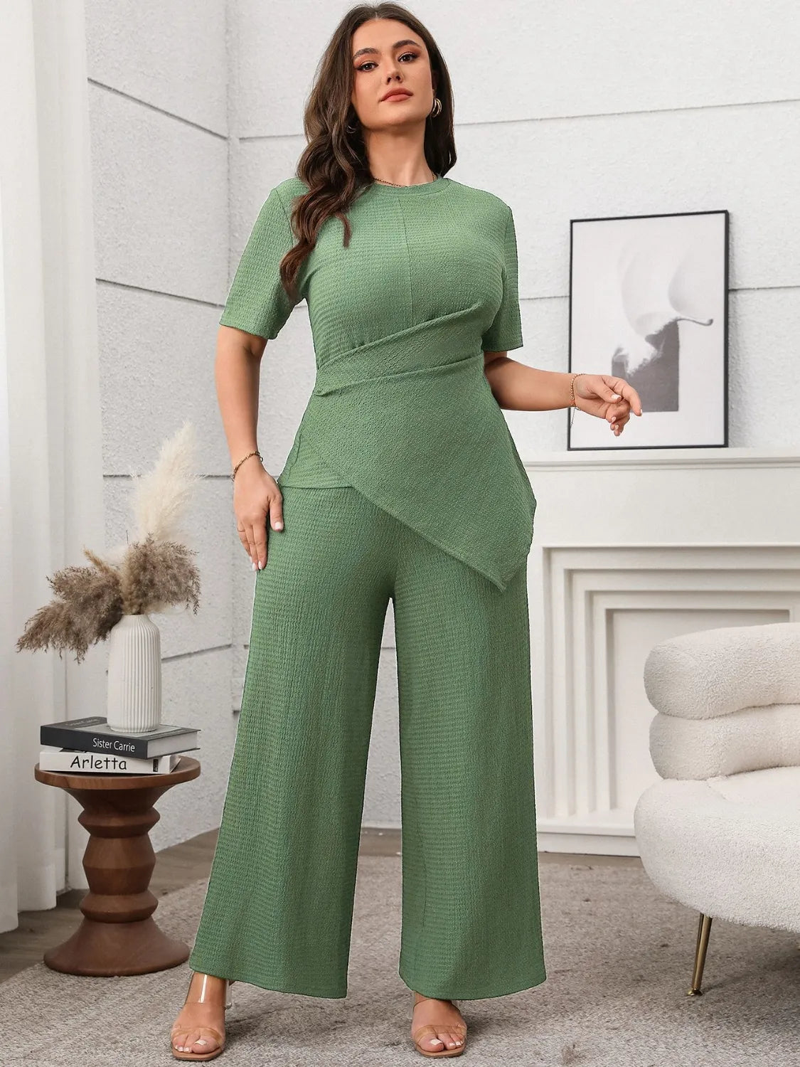 Outfit Set Plus Size Asymmetrical Top and Wide-Leg Pants