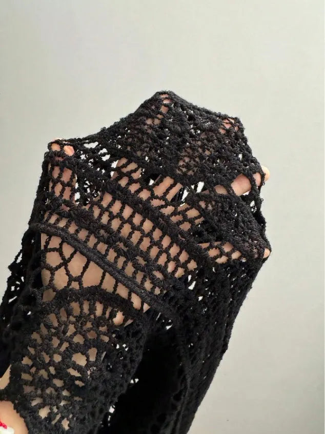 Crocheted Openwork Knit See-through Top, Solid Color Beach Bikini Cover-up