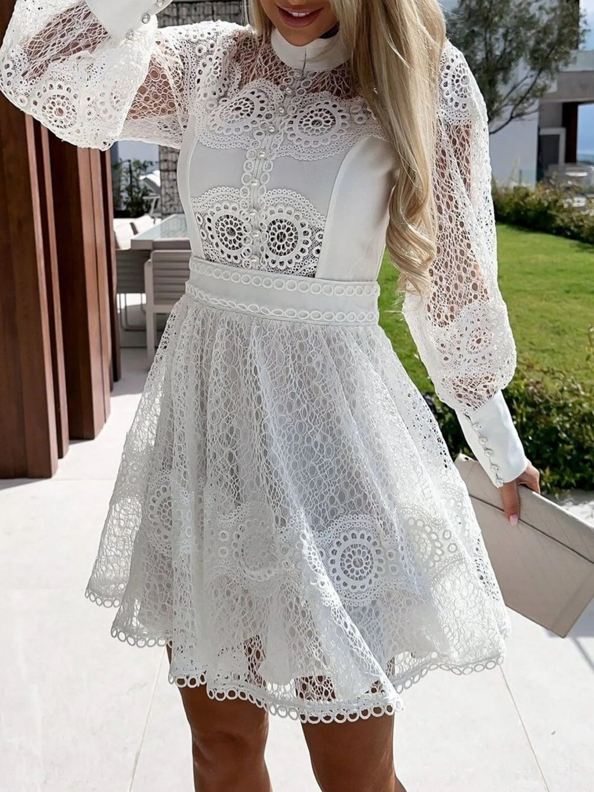 Lace Mini Dress with Lantern Sleeves