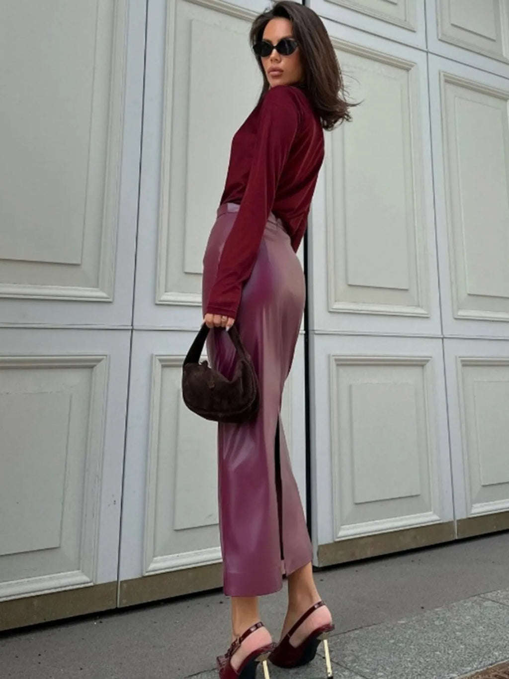 Leather Stitching High-waisted Slim Fit Hip Body Side Slit Long Skirts