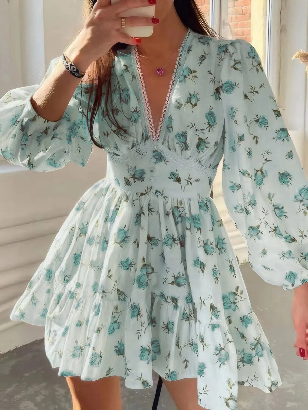 Mini Dress Floral Print Lace Detail Balloon Sleeve Chic