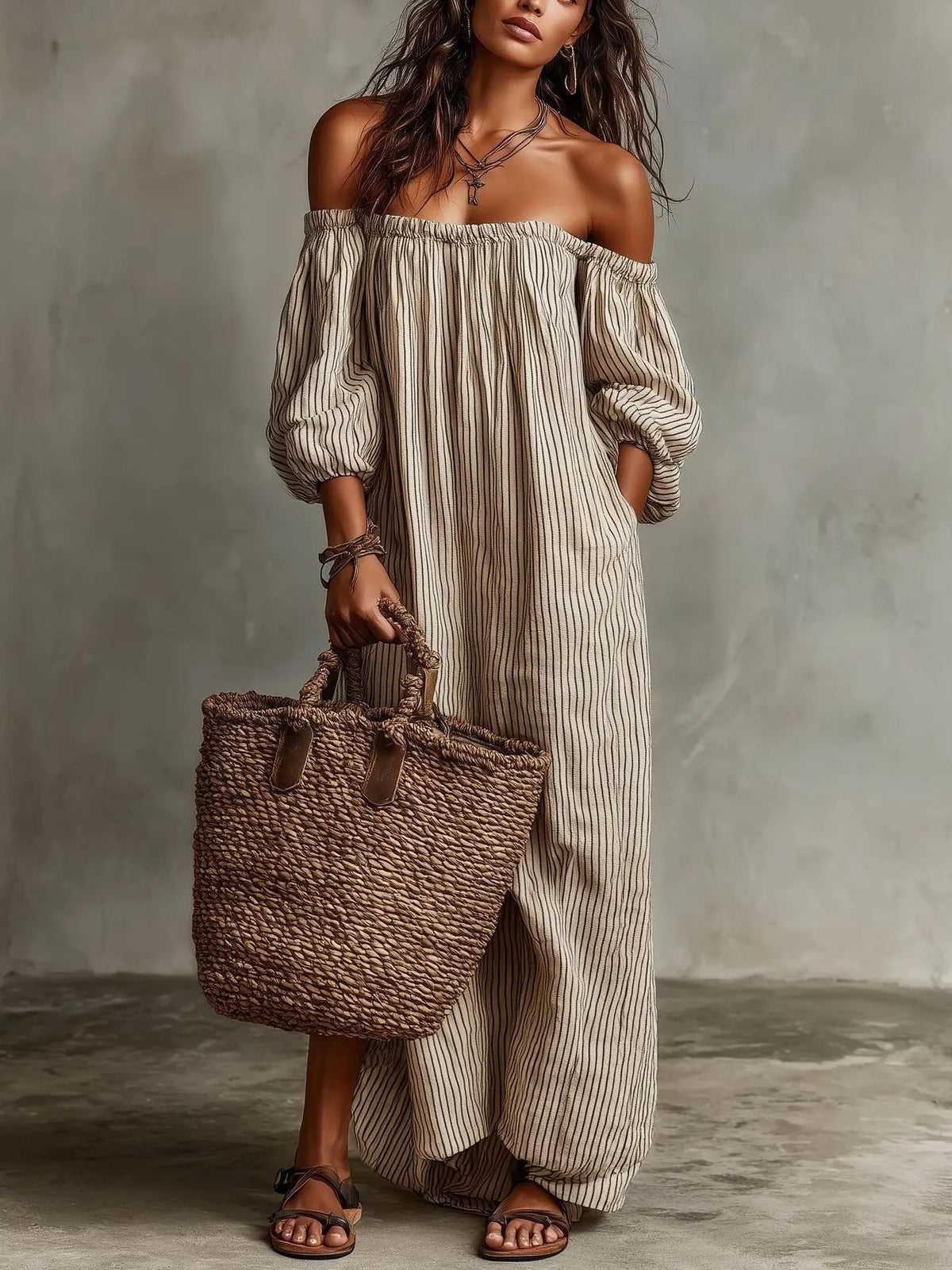Striped Off-the-shoulder Linen Resort-style Long-sleeved Dress