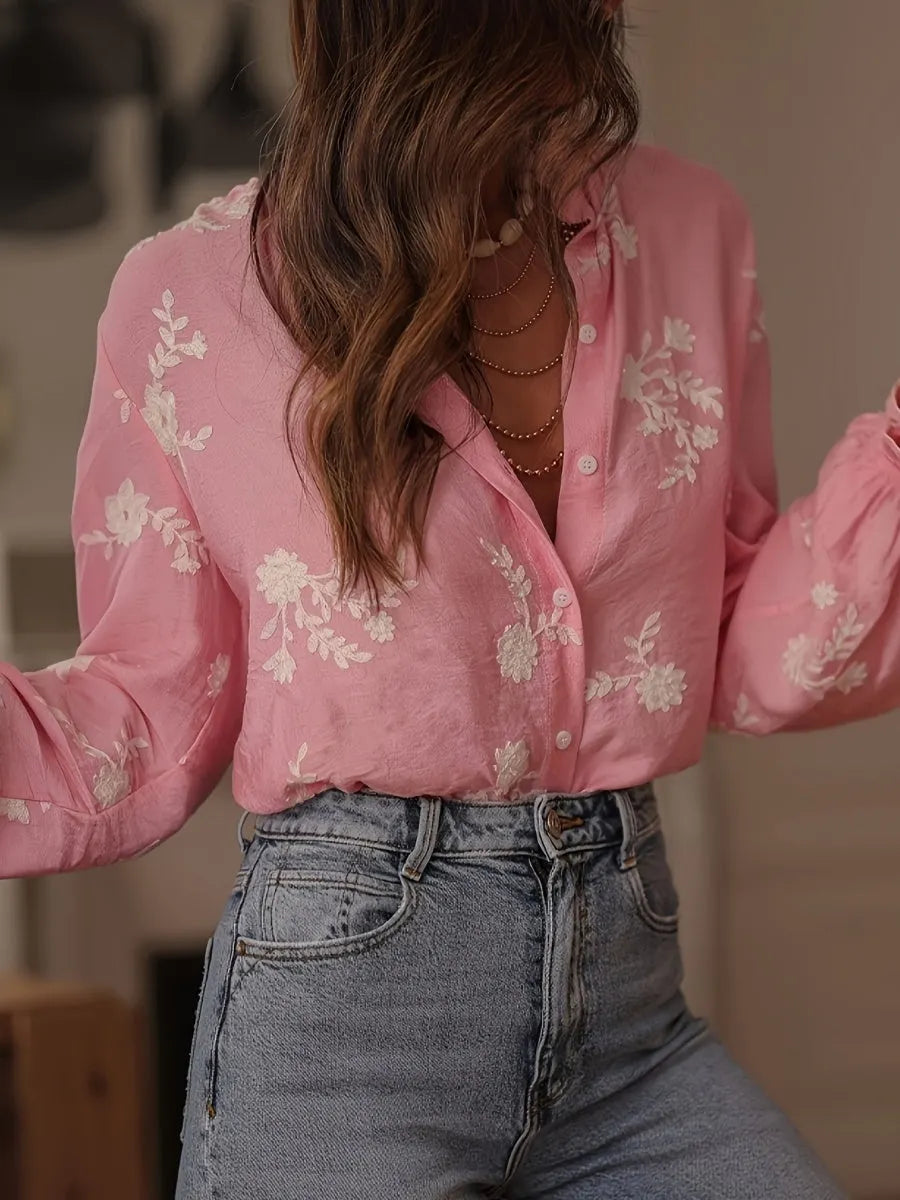 Floral Embroidery Color Block V-Neck Long-Sleeve Shirt
