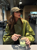 Trendy Oversized Green Leather Jacket for Women with Relaxed Fit