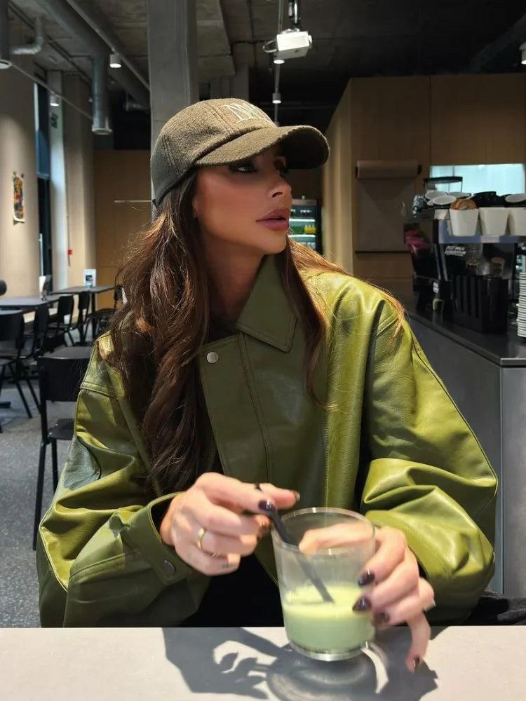 Trendy Oversized Green Leather Jacket for Women with Relaxed Fit