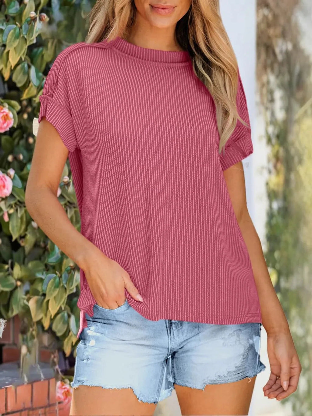 T-Shirt Casual Ribbed Knit Loose Fit Everyday Athleisure