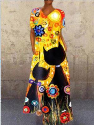 Women Casual Summer Vintage Short Sleeve Loose Character Print V Neck Dress