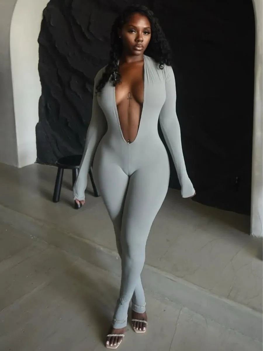 Deep V Backless Tight-fitting, Hip-lifting, Long-sleeved, Solid Color Bodysuits