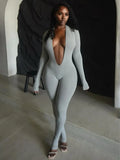Deep V Backless Tight-fitting, Hip-lifting, Long-sleeved, Solid Color Bodysuits