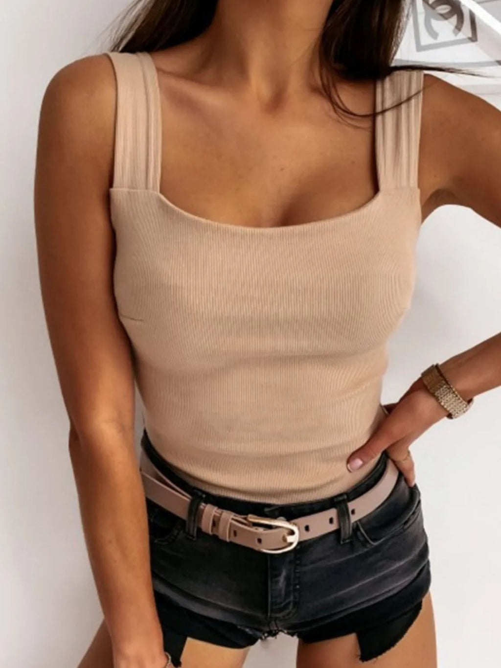 Tank Top Basic Wide Strap Ribbed Knit Slightly Stretchy