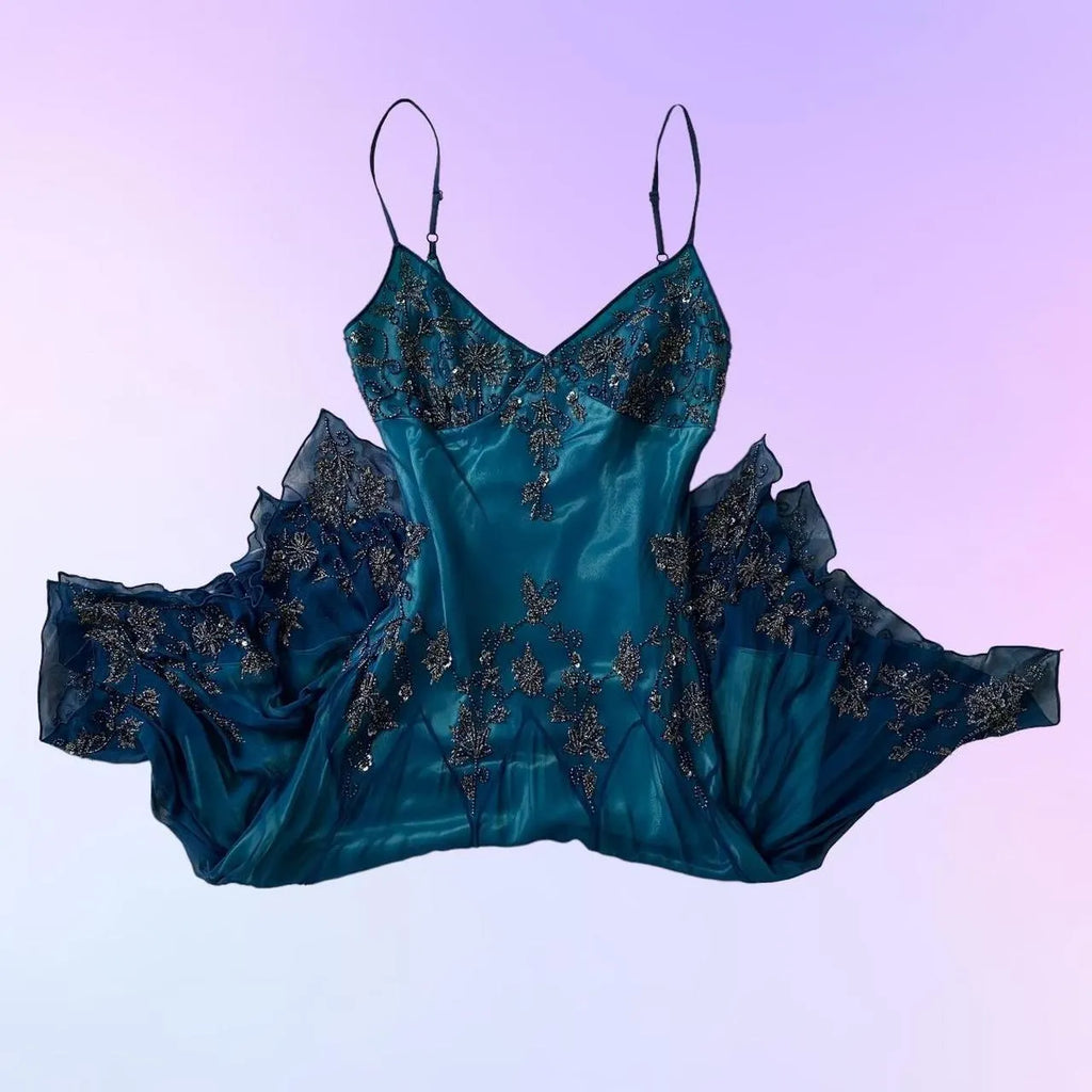 Dark blue gorgeous flowing vintage beautiful elegant delicate floral beaded spaetti strap long chiffon ball gown evening dress party dress prom dress
