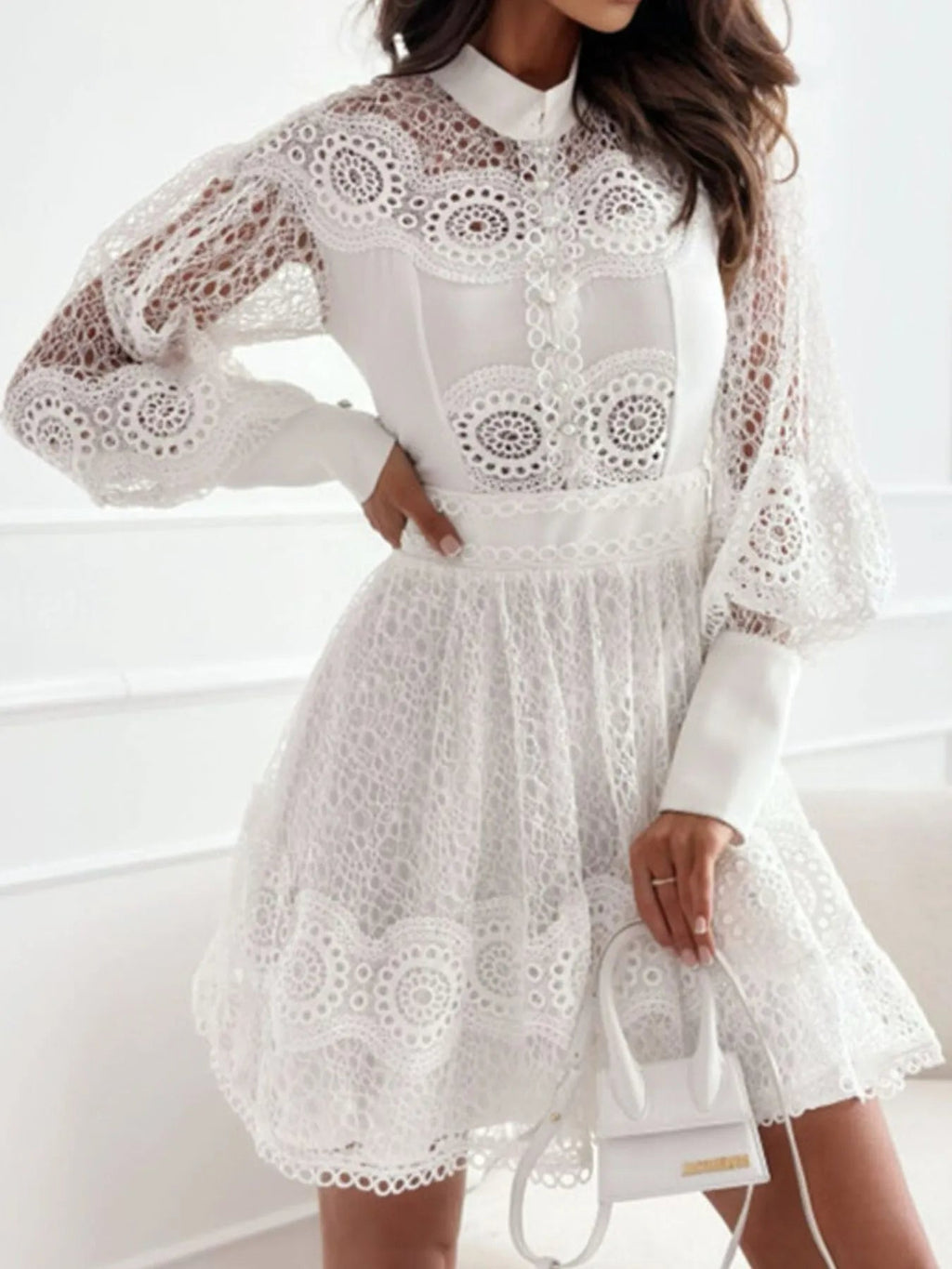 Lace Mini Dress with Lantern Sleeves