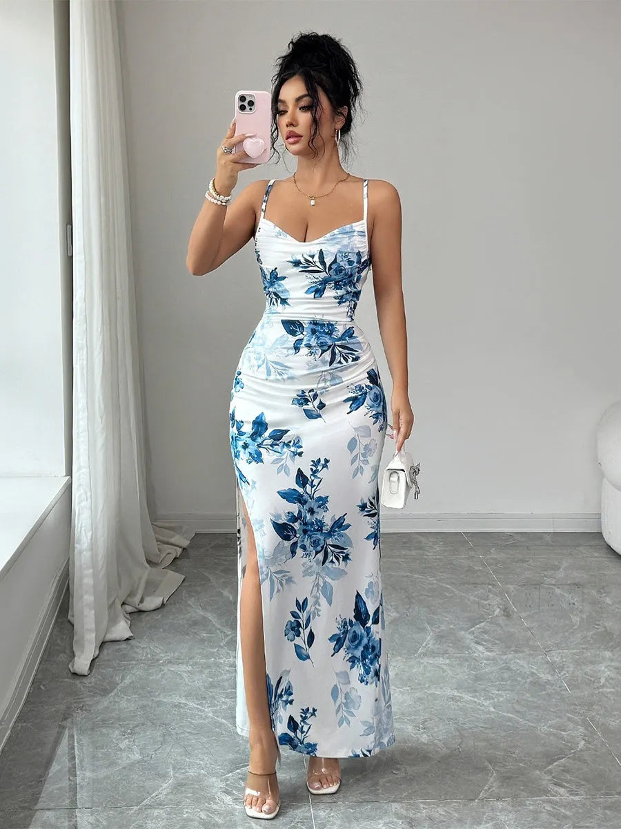 Blue Floral Halter-neck Elegant Bodycon Off-shoulder Long Dress