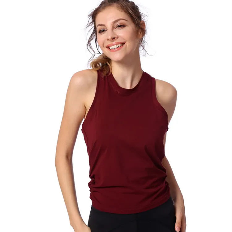 Women Casual Loose Solid Color Round Neck Sleeveless Back Cut Out Sports Tank Top