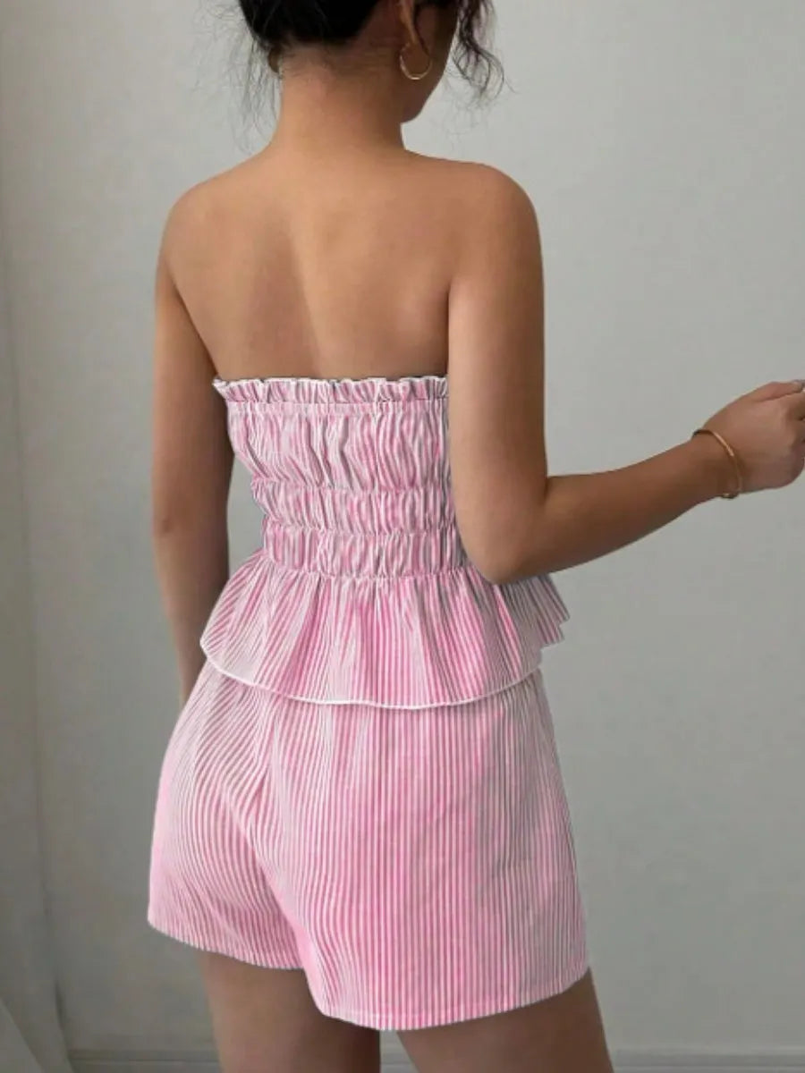 Strapless Striped Ruffled Crop Top And Elastic Waist Shorts Two-piece Set