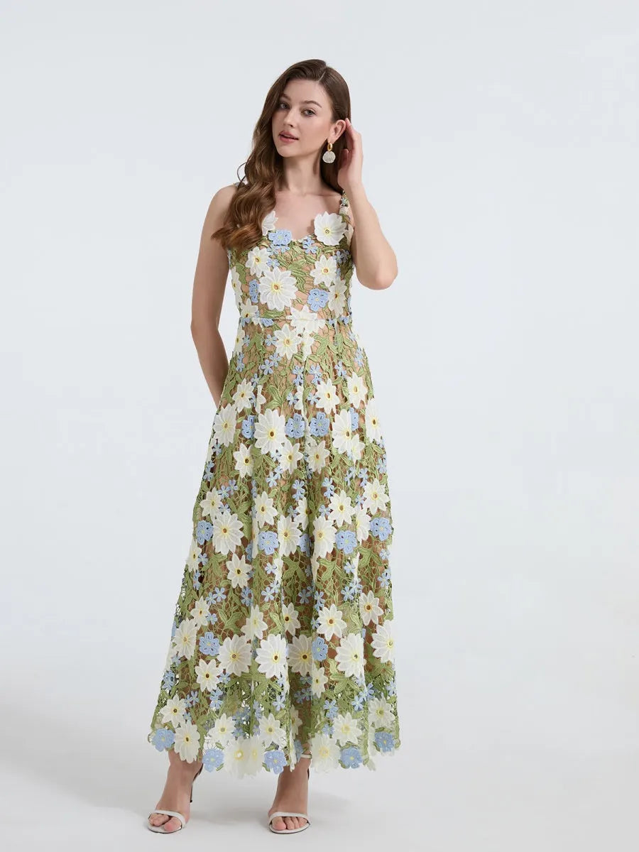 Lace Embroidery Spaghetti Strap Long Dress