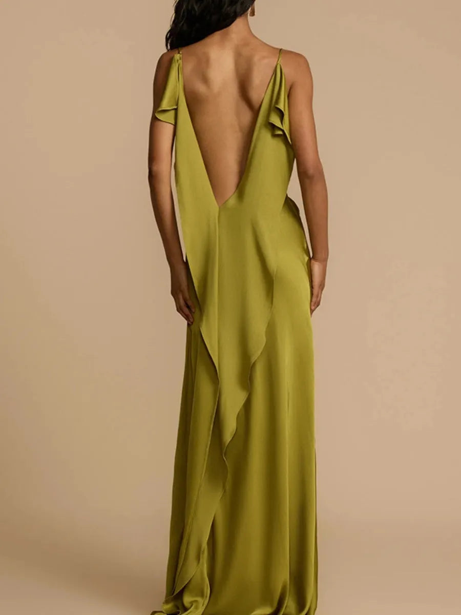 Backless Ribbon Satin Slits Wedding Maxi Dresses