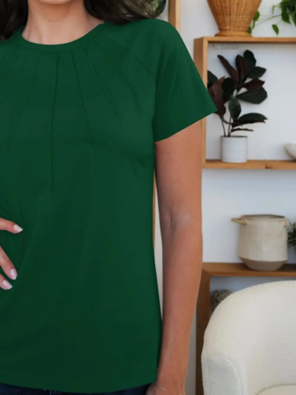 T-Shirt Basic Casual Chic Pleated Slightly Stretchy