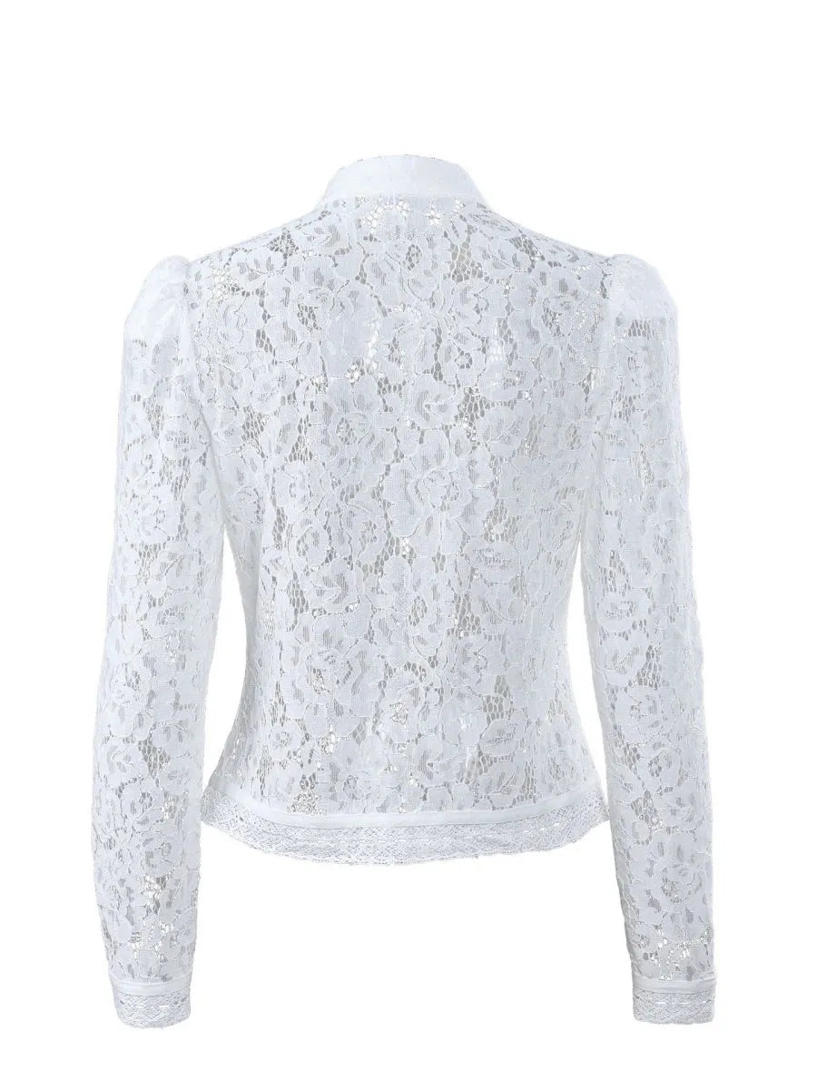 Lace Crochet Stand Collar Slim-fit Long Sleeve Sheer Top