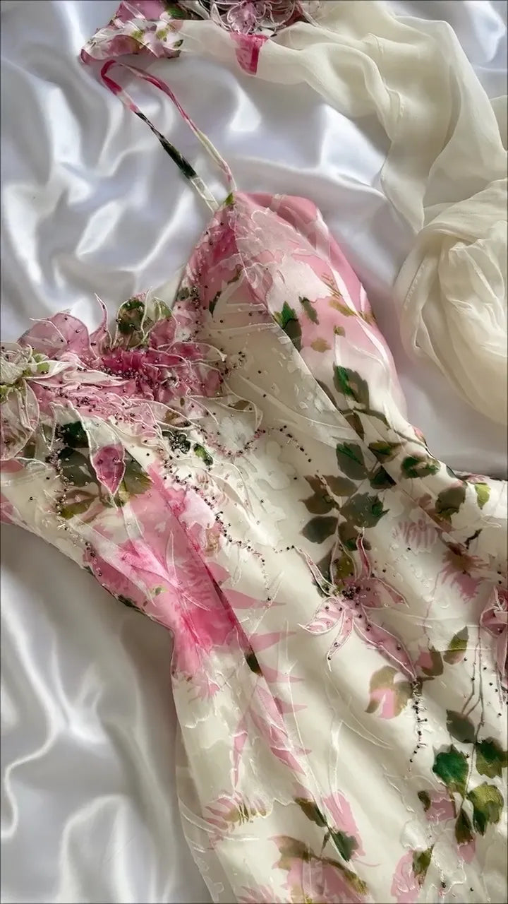 Printed 3D Floral Spaghetti Strap Midi Dress