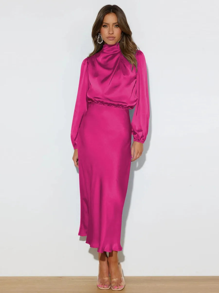 Satin Long Sleeve Zipper Solid Color Maxi Dresses